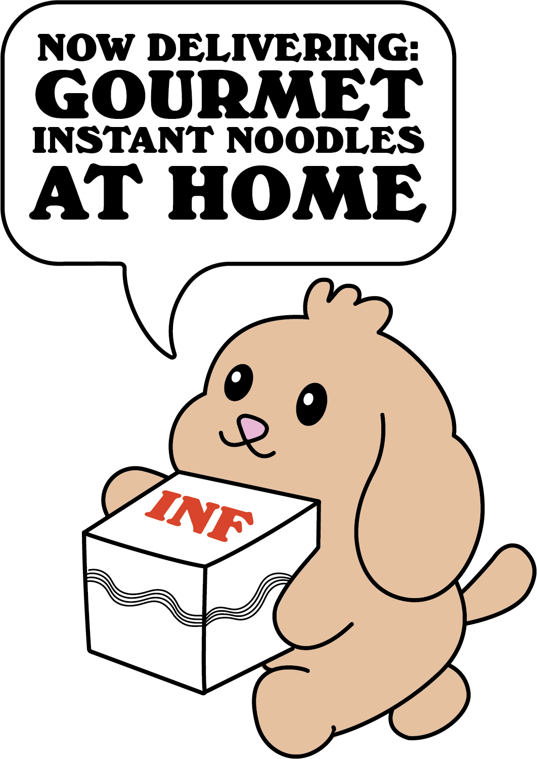 brand icon suzy (a beige poodle) holding a noodle delivery box with a text bubble saying largest online selection of instant noodles